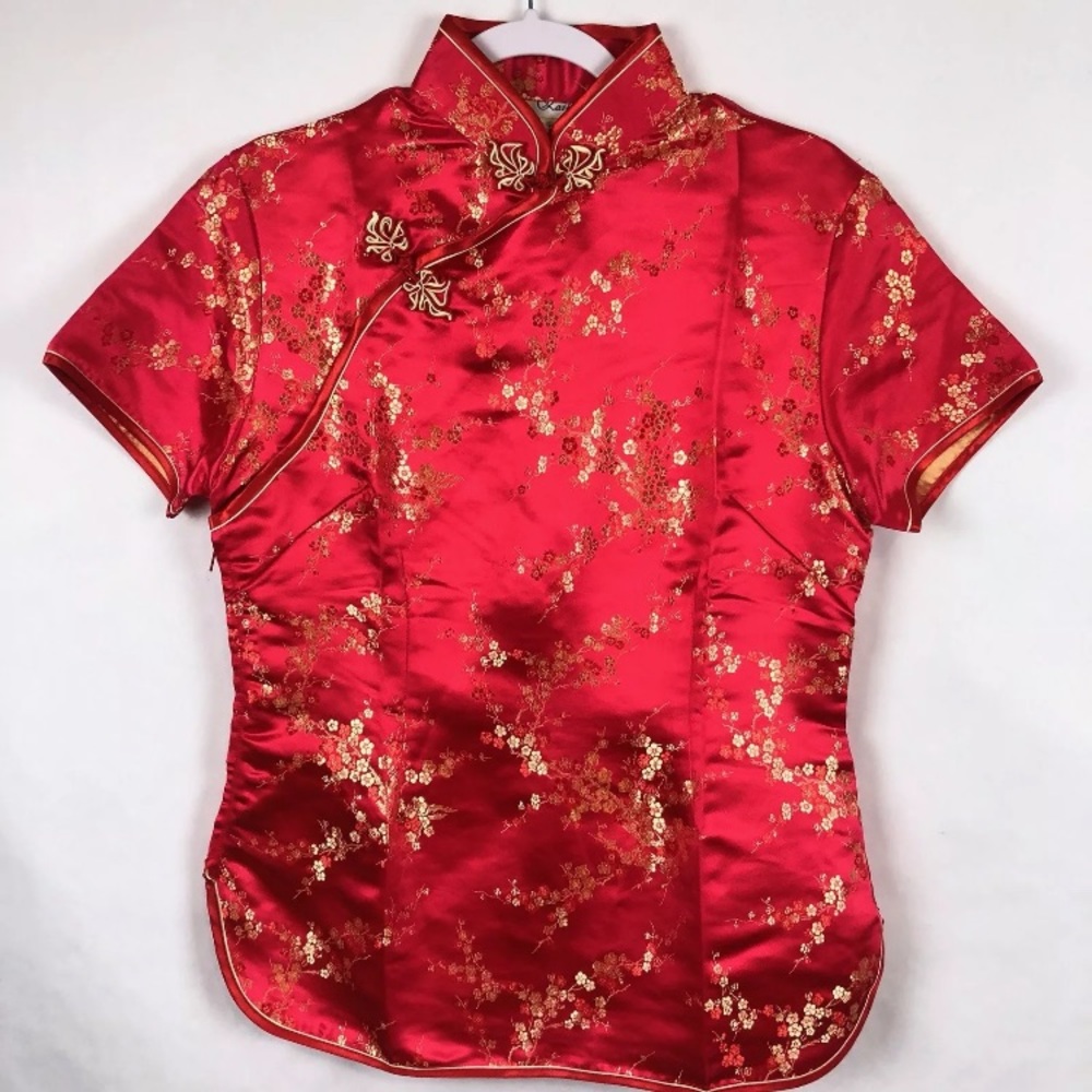 Chinese Womens 100% Silk Blouse Size‎ 40 Red Floral